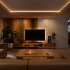 Interior of living room created in 3D at night. Sofa on hardwood floor facing illuminated television. Soft lighting creates a cozy atmosphere, perfect for relaxing and enjoying entertainment.