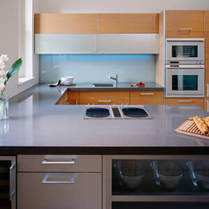 View of a modern luxury kitchen in an expensive apartment complex.