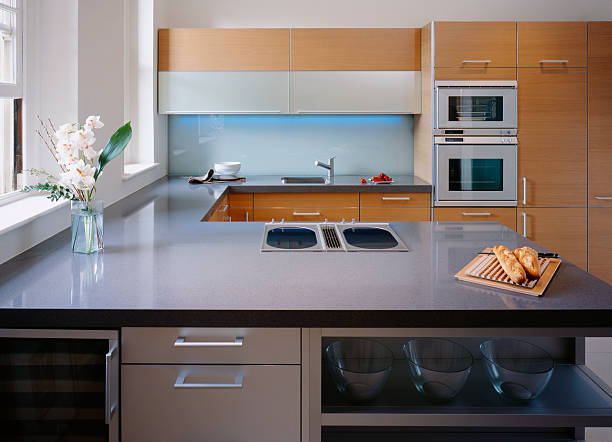 View of a modern luxury kitchen in an expensive apartment complex.